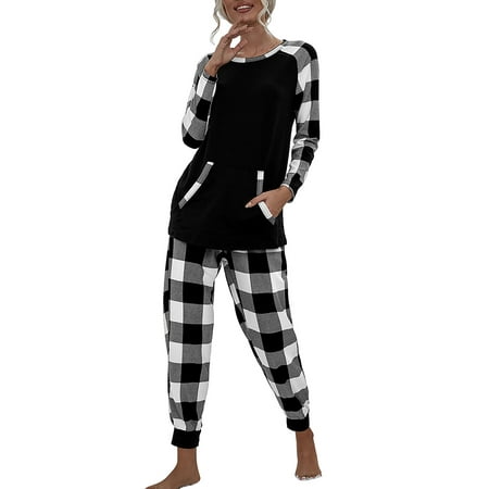 

Zdcdcd Women s 2Pcs Homewear Round Neck Long Sleeve Pockets Tops+Pants Plaid Printed Pajamas