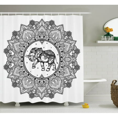 - Mandala Decor Shower Curtain Set, Digital Paisley Mandala Motif With Elephant Inside Ideal Ethnic Strength Honor Symbol, Bathroom Accessories, 69W X 70L Inches, By Ambesonne