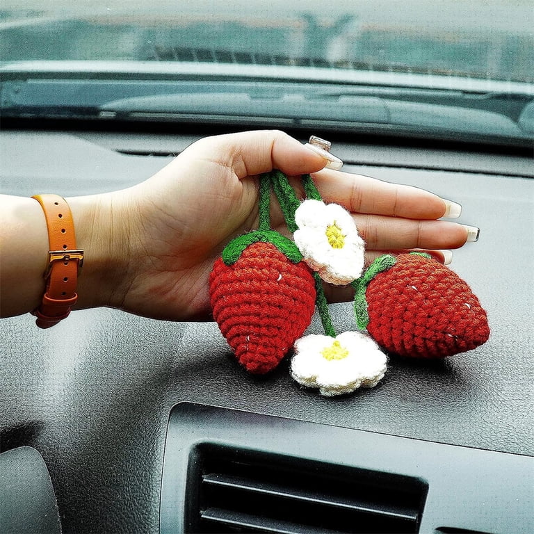 Handmade Crochet Strawberry Car Mirror Charm - Cute Fabric Hanging Ornament (Red)