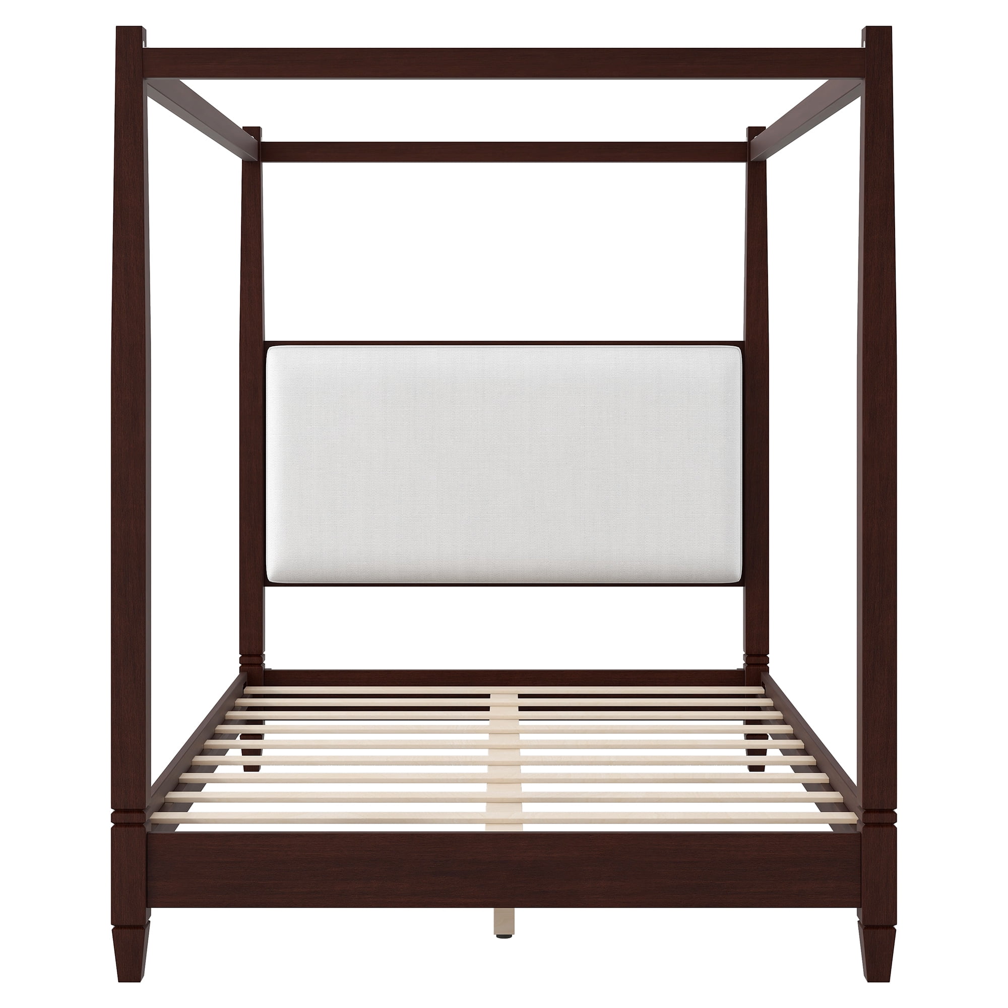 Euroco Wood Queen Size Canopy Platform Bed with Upholstery Headboard, Espresso