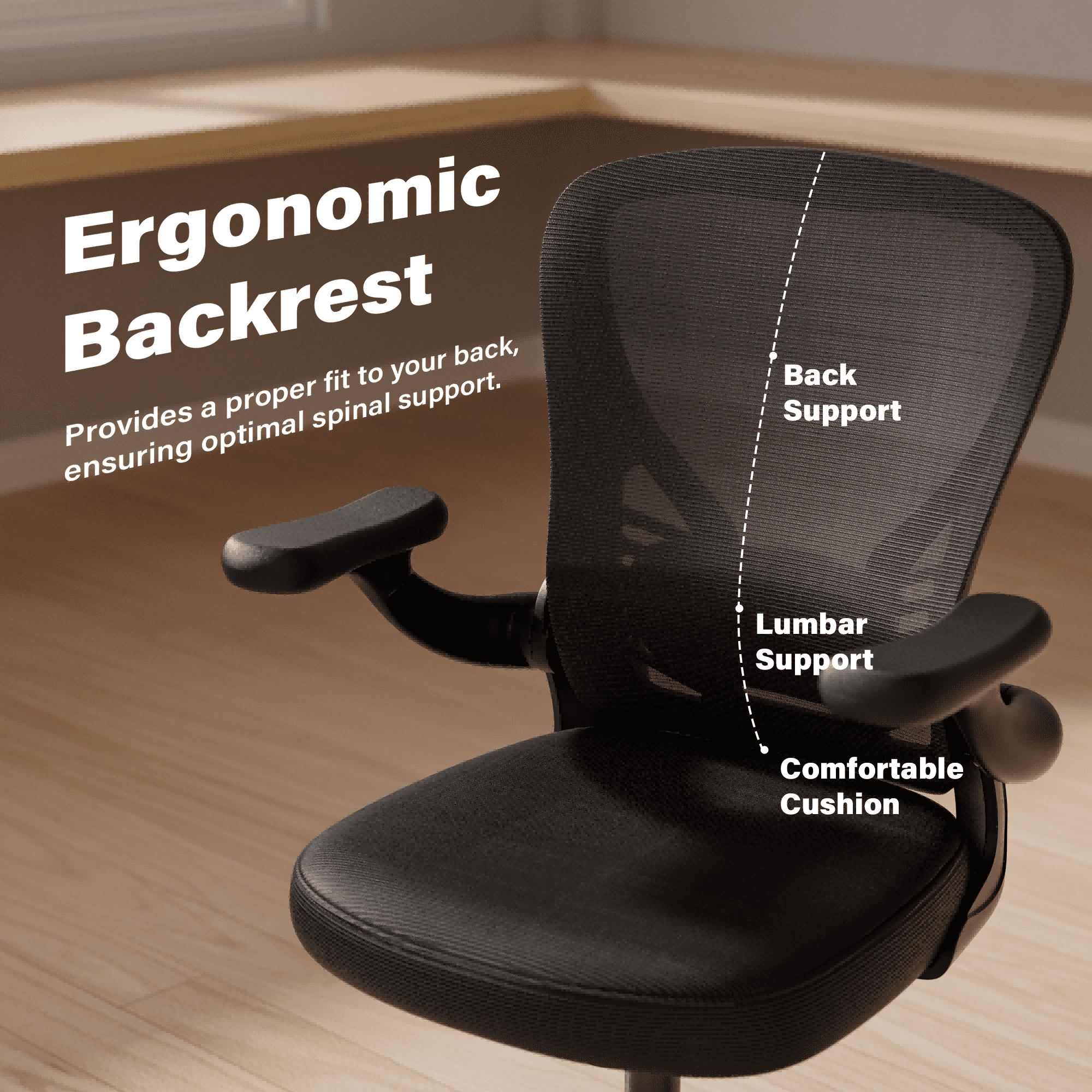HomeZeer Mesh Office Desk Chair, Mid-Back Ergonomic Computer Desk Chair with Flip Up Armrest, Swivel Home Office Chair with Lumbar Support, Black