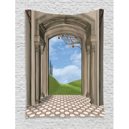 Countryside Classics Apartment Decor Tapestry, Classic Architectural Entrance with Background of Countryside Landscape, Wall Hanging for Bedroom Living Room Dorm Decor, 40W X 60L Inches, Blue Green, by Ambesonne ()