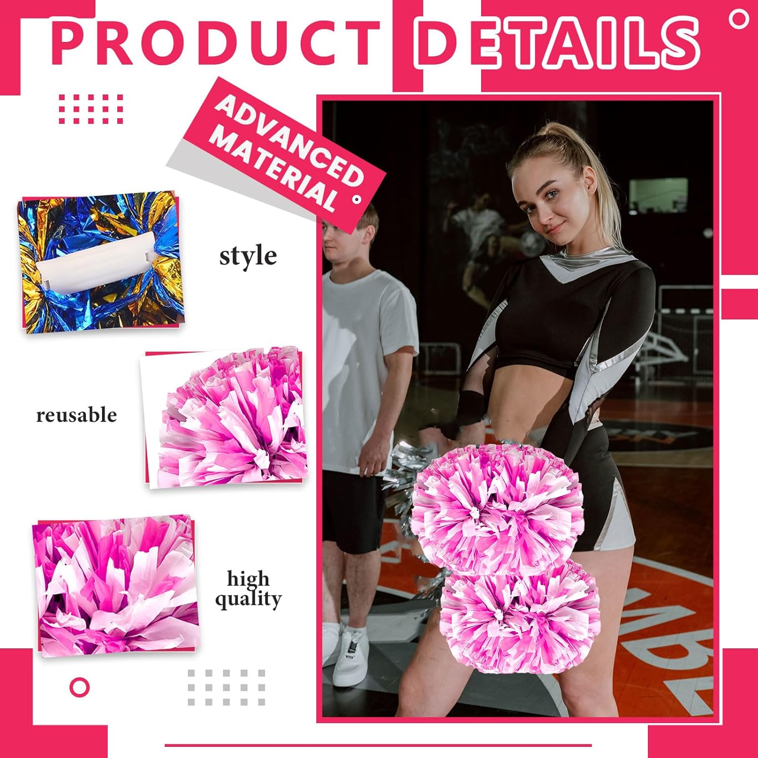 8 PCS Metallic Cheerleading Pom Pom for Team Spirit Sports Dance Cheering Kids Adults