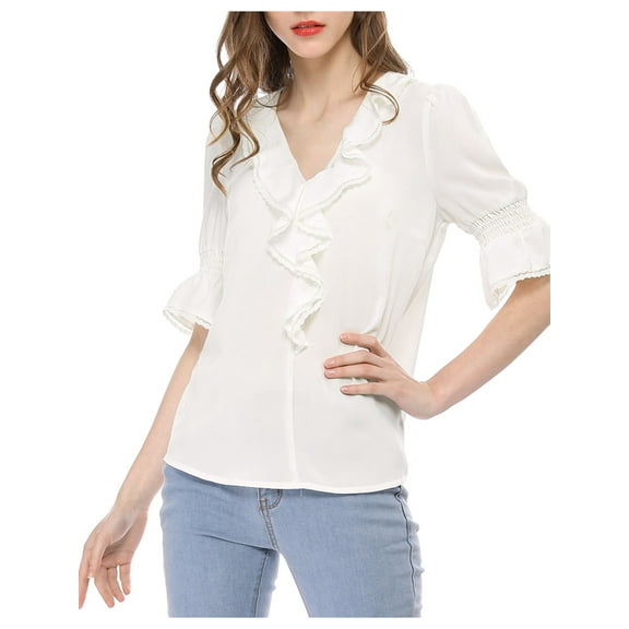 INSPIRE CHIC Women's Ruffled V Neck Puff Elbow Sleeve Semi-Sheer Chiffon Blouse XS White