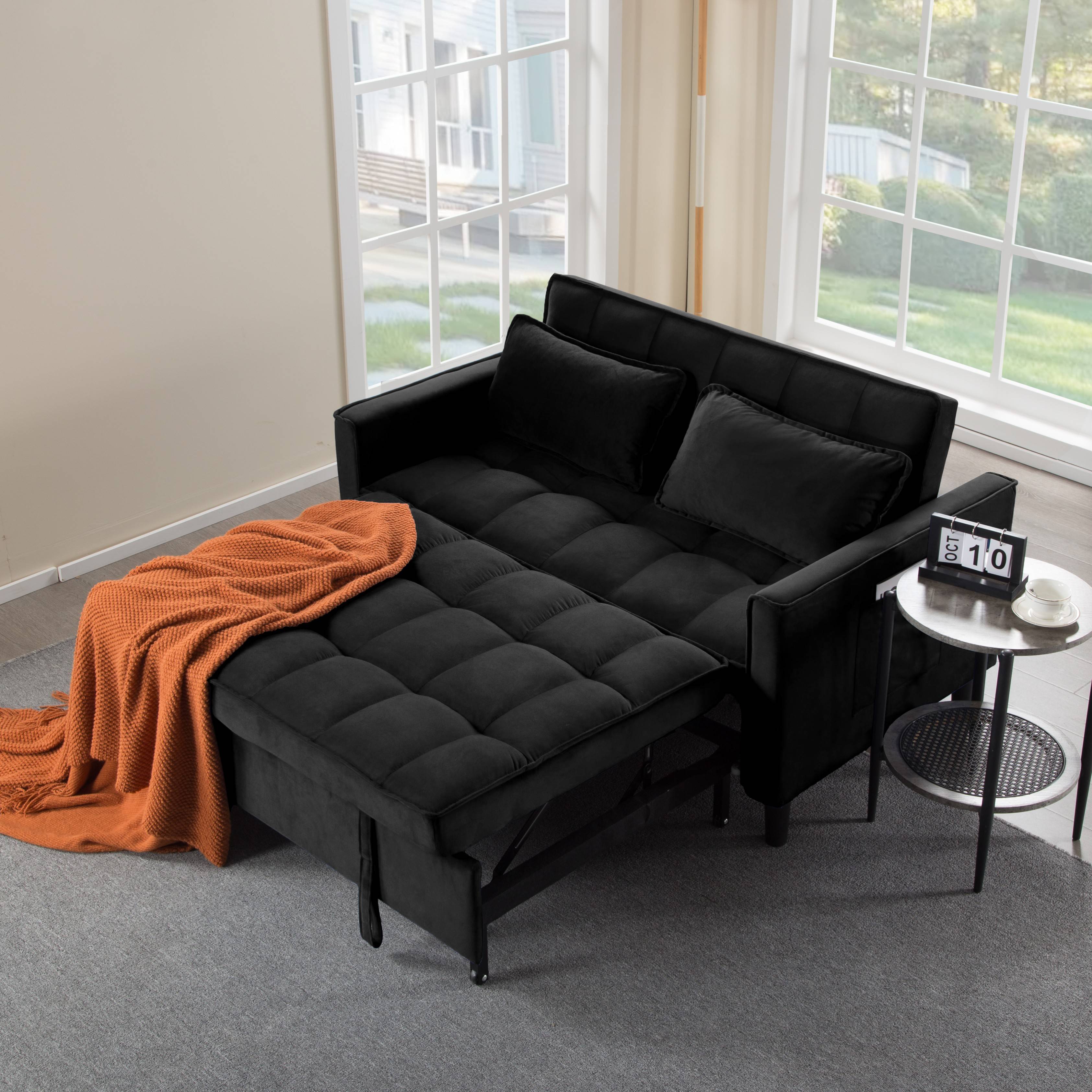BSHTI 53.94" Pull-Out Sleeper Sofa Bed with Velvet Upholstery, 3-Position Reclining Back, Solid Wood Frame for Apartment/Office（Black）