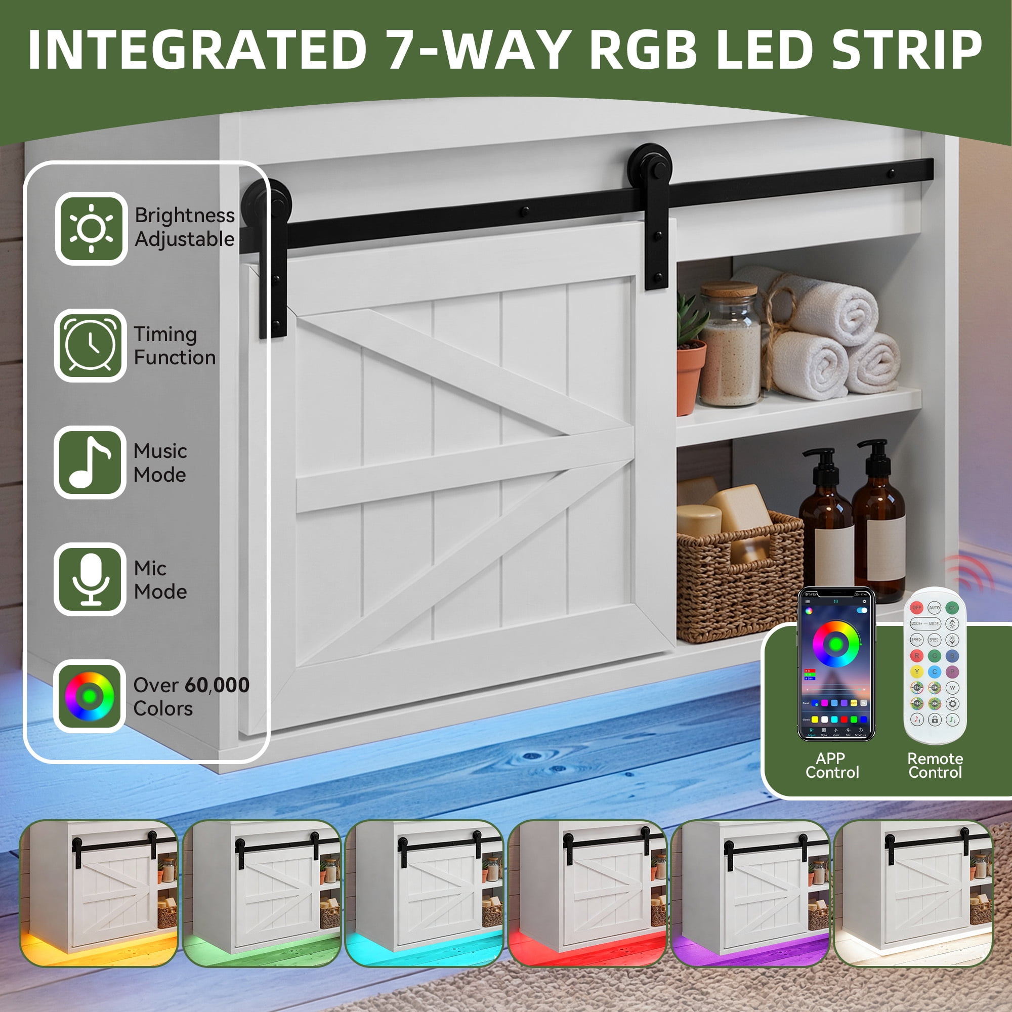 Uforic 24 Inch Farmhouse Floating Bathroom Vanity with Ceramic Sink, 7-Color LED Ambient Light & Sliding Barn Door for Small Compact Bathroom Spaces, White
