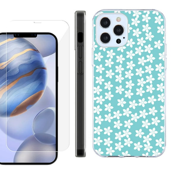 Slim Fit Protective Phone Case for Apple iPhone 12 / iPhone 12 Pro, with Tempered Glass Screen Protector, by OneToughShield ® - Flower/Teal