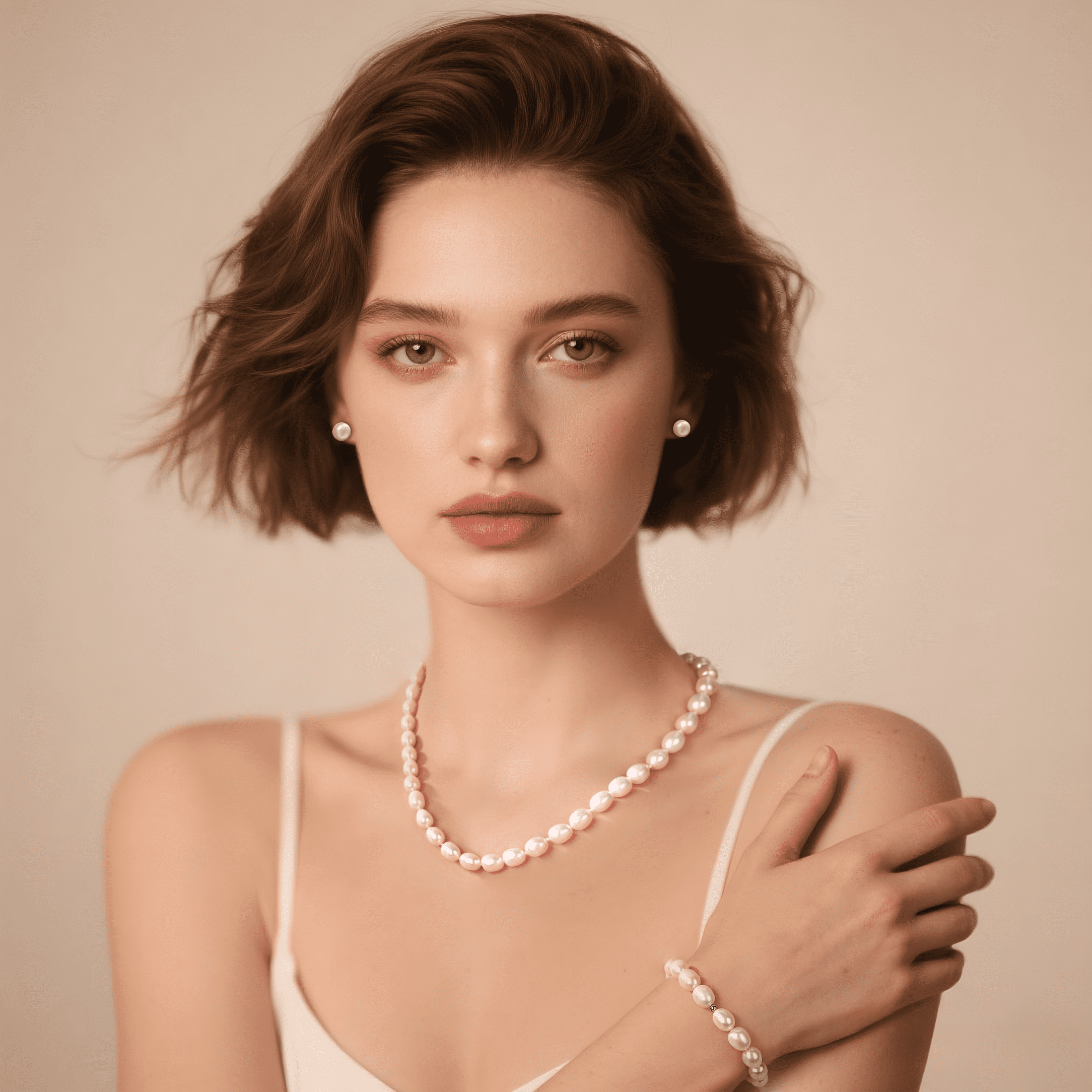 Bamiki 6-7mm Cultured White Pearl Jewelry Necklace Set with Bracelet & Stud Earrings, S925 Sterling Silver Adjustable Clasp Valentine's Day Gift for Her