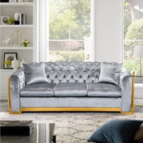 81'' Modern Velvet Chesterfield Sofa, 3 Seater Couch with Button Tufted Backrest & Padded Seat Cushions, Luxury Upholstered Sofa Couch with Gold Stainless for Apartment Dorm Office, Gray