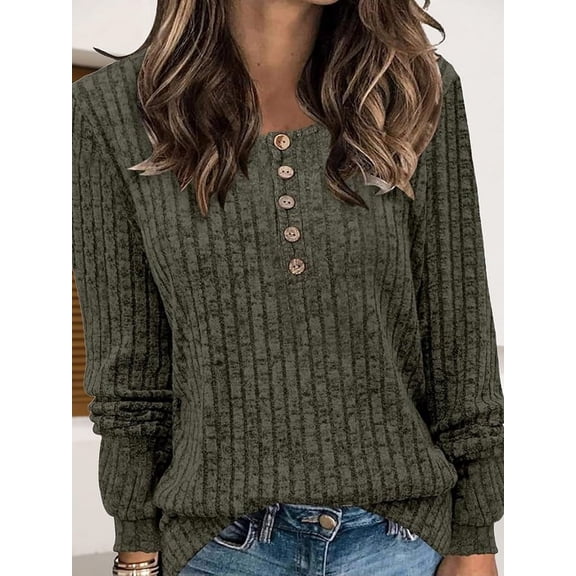 Women's Long Sleeve V-Neck Top, Ribbed Knit Button Sweater, Stylish Loose-Fit Pullover