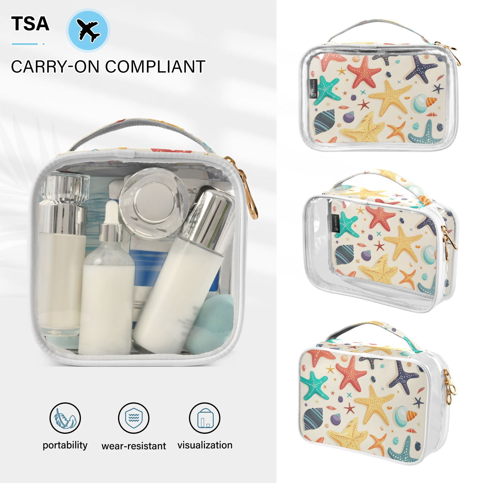 Clear Makeup Bags with Handle Large Opening 2 Pack Set Toiletry Bag Quart Size Bag, for Women Man Traveling Travel Essentials, Toiletries and Other. Colorful Starfish Shells