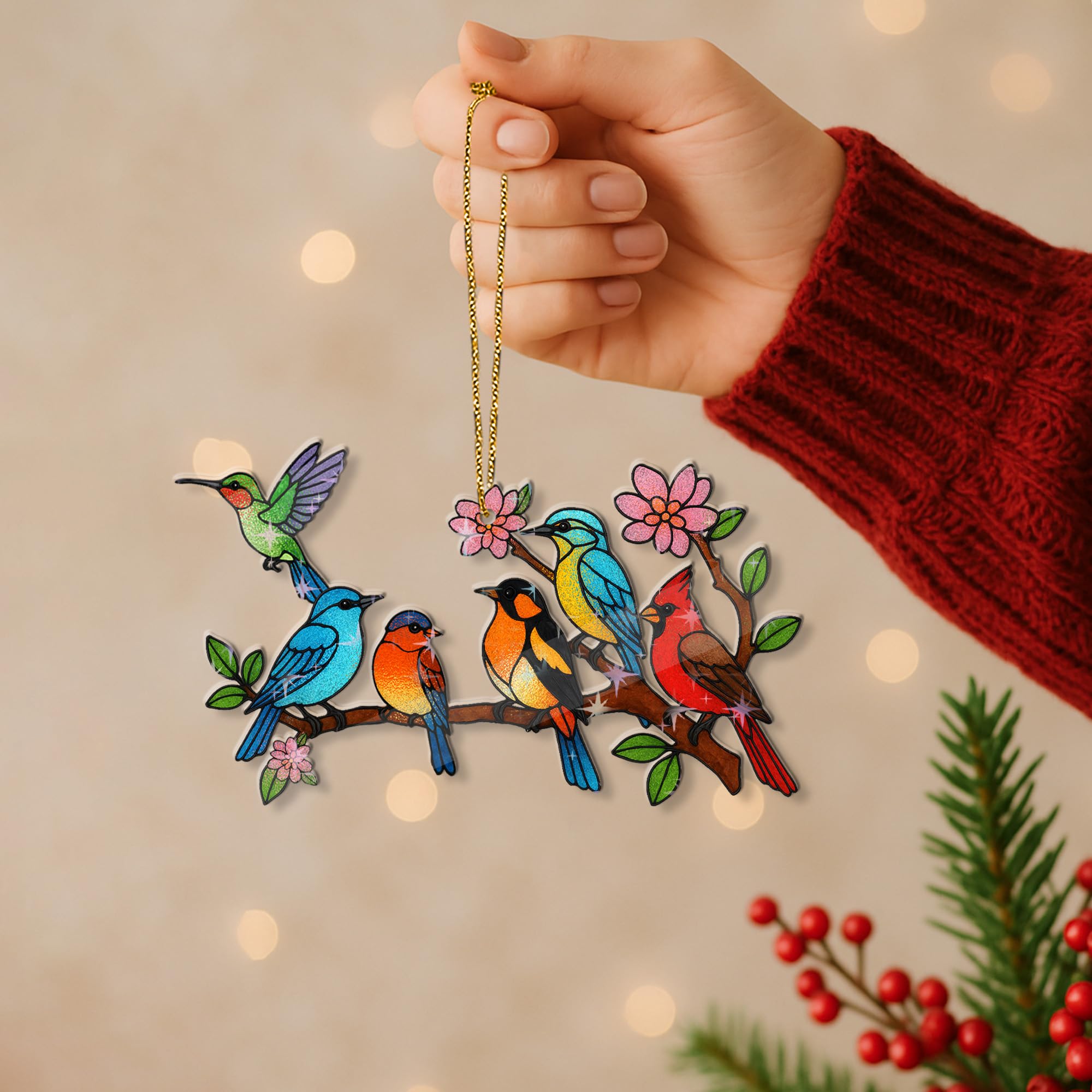 Hologram Bird On Branch Ornament Colorful Stained Glass Style Hanging Decoration for Christmas Tree, Window or Garden – Decorative Acrylic Birds Ornament Gift for Bird Lovers