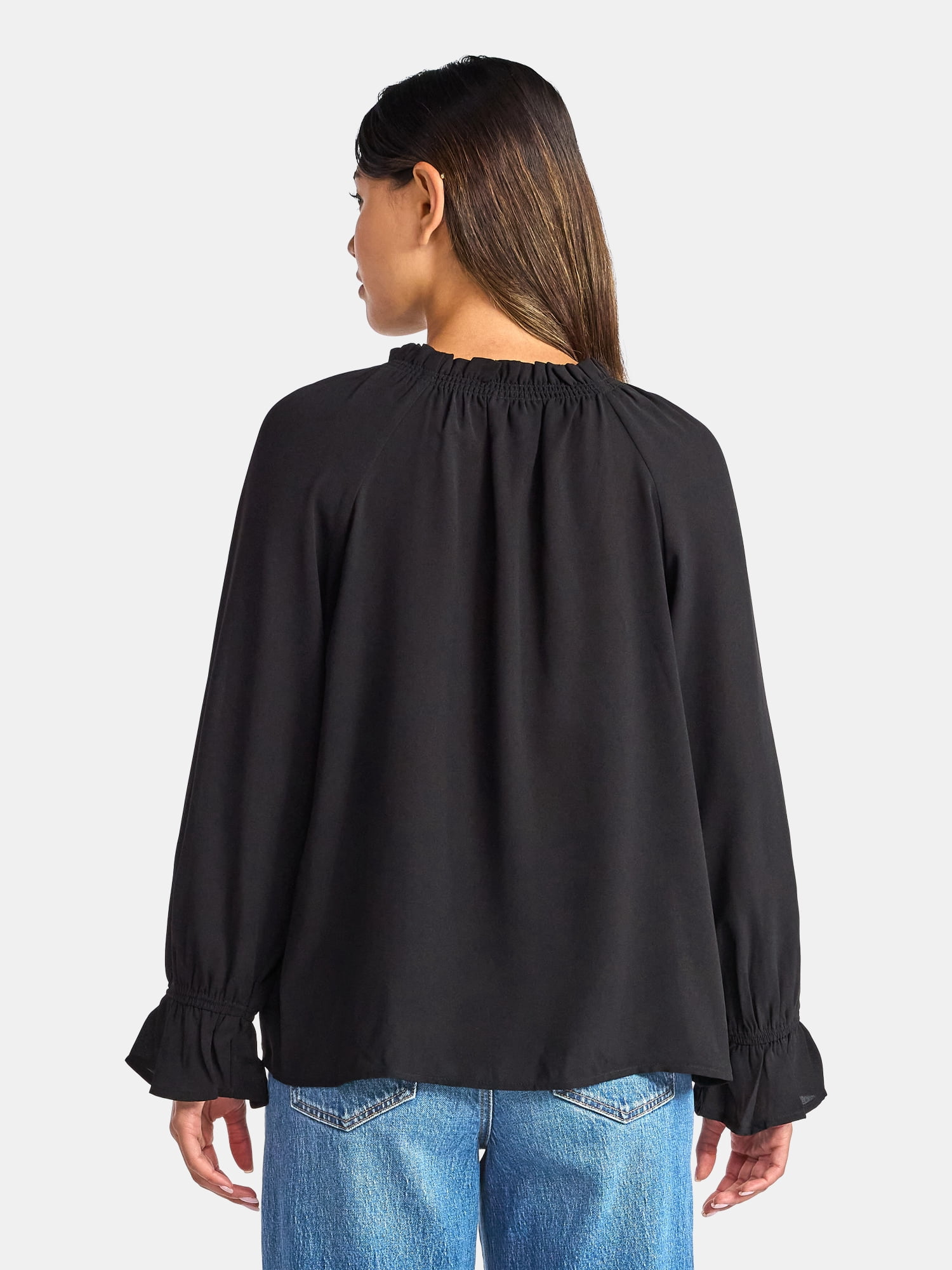 Time and Tru Women's Ruffle Neck Blouse with Long Sleeves, Size XS – XXXL