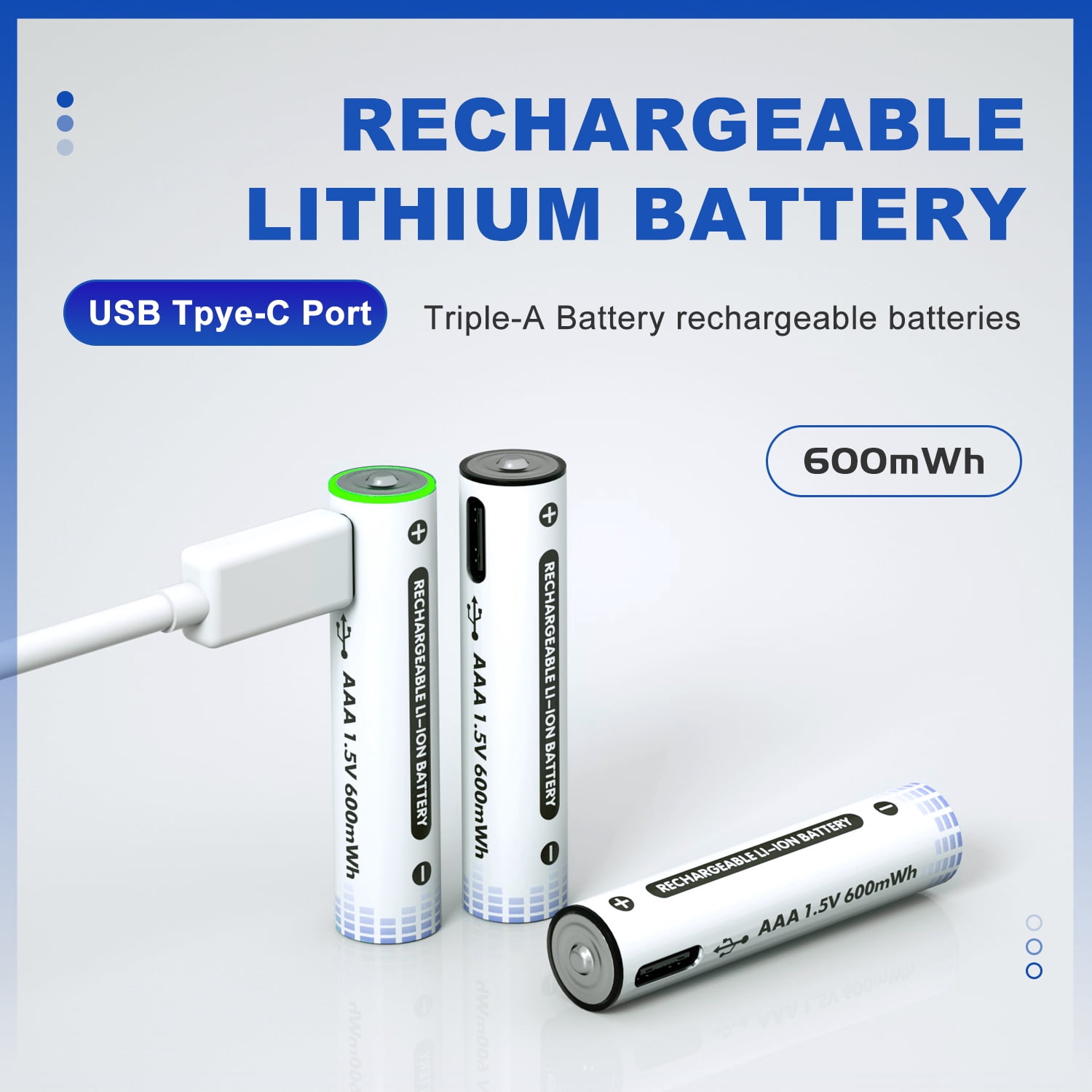 CBJJ 1.5V USB AAA Rechargeable 4 Batteries, Long-Lasting High-Capacity, Cycle Times Up to 1200 (2 Pack, White)