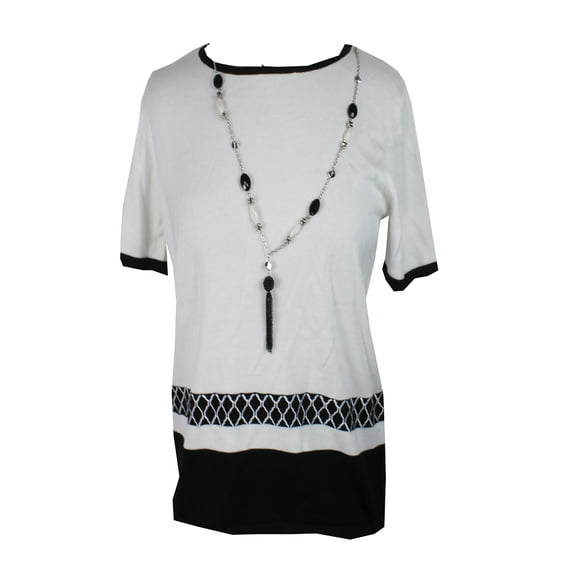 Alfred Dunner Womens Petite White Medallion-Border Necklace Sweater PS