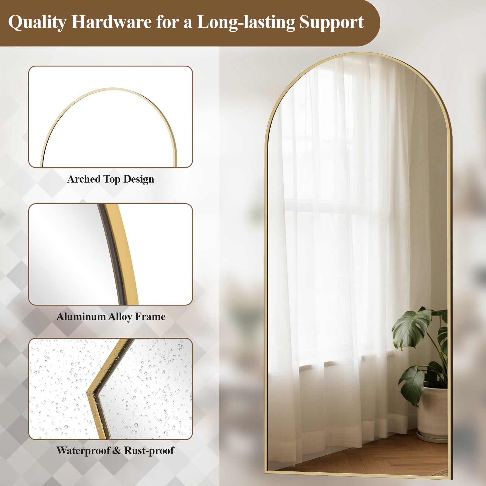 AUROMIR 71"x30" Arched Full Length Mirror Floor Mirror, Gold