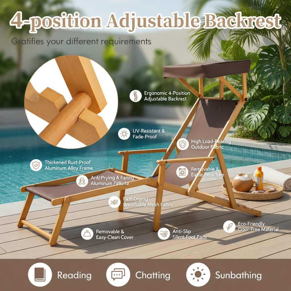 Hommoo Foldable Birch Wood Chaise Lounge Chair with Adjustable Canopy, Outdoor Beach Chair for Patio, Poolside & Garden, Brown