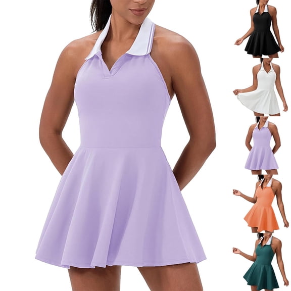 Lovzfmll Tennis Dress for Women, Active Fit Collared Sleeveless with Built-in Shorts, Casual Mini Dress Purple, S