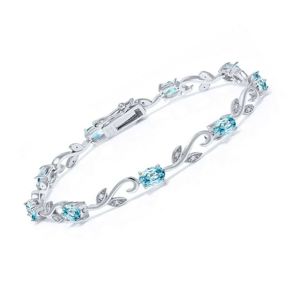 Gem Stone King 6.88 Ct Oval Blue Zircon White Diamond 925 Sterling Silver Greek Vine Diamond Tennis Bracelet for Women