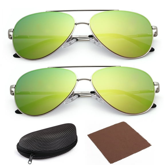 2 Aviator Sunglasses for Adult Female Women, Flat Yellow/Green Mirrored Lens