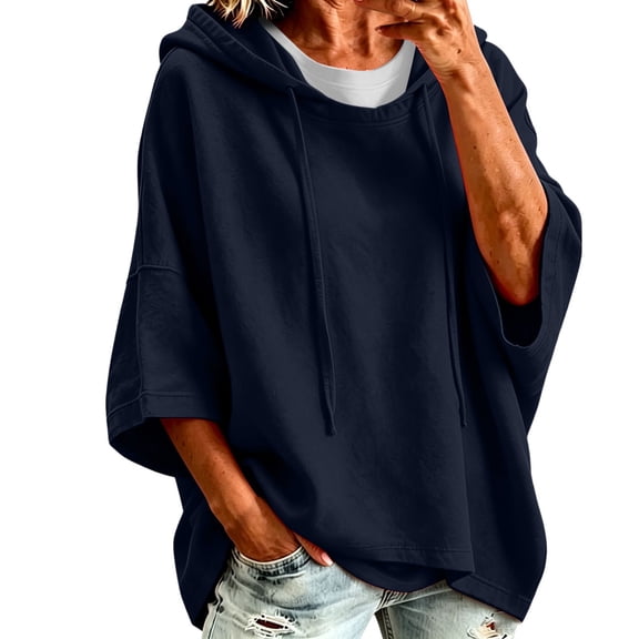 Ladies' Casual Hooded Drawstring 3/4 Split Sleeve Sweatshirt Tops Oversized Pullover Tops, Basic Daily Wear Shirts Blue XXL