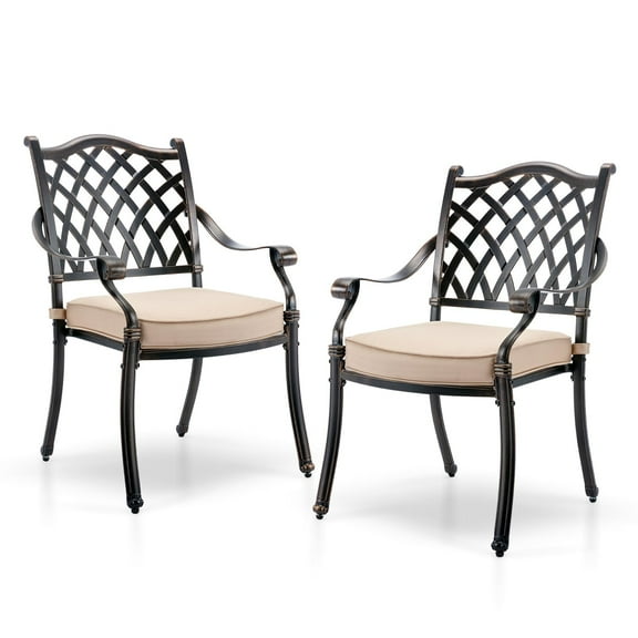 Lattice Outdoor Cast Aluminum Patio Dining 2 Chairs, Weather Resistant with Thicker Cushions for Patio, Deck, Garden