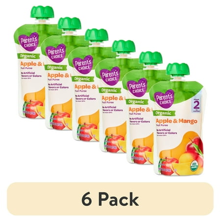 (6 pack) Parent's Choice Organic Stage 2 Baby Food Apple and Mango Puree, 4 oz Pouch
