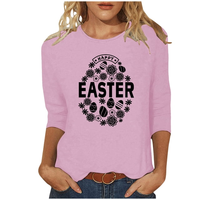 RKSTN Hauts Grande Taille pour Femmes Œufs de Pâques Mignons Imprimés Lapin Coupe Ample Col Rond Manches 3/4 Printemps Été Blouse Douce