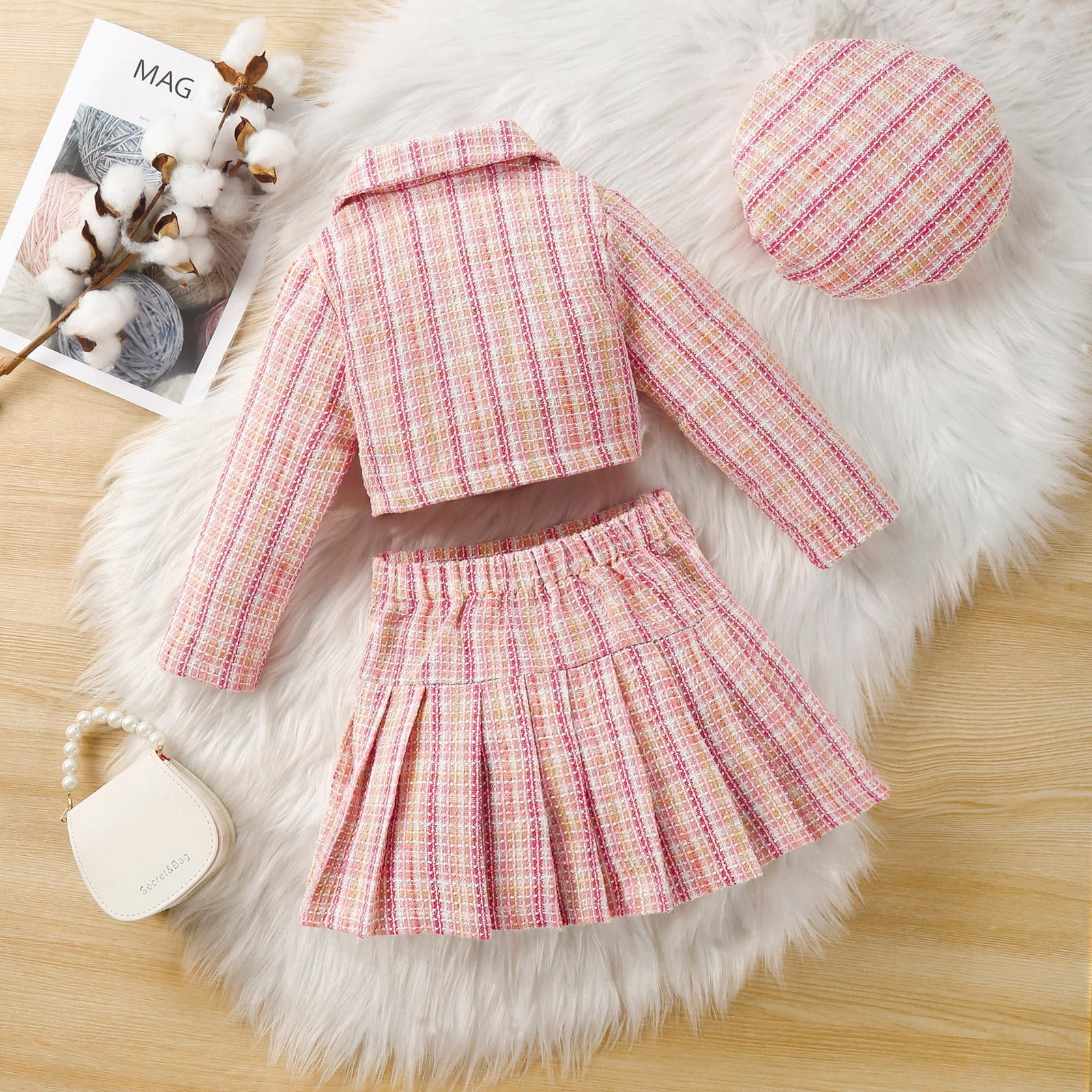 XXWXYD Toddler Baby Girl Fall Winter Clothes Set, Plaid Cardigan Jacket and Pleated Skirt with Hat, Formal Outfits Par𝗍y Dress