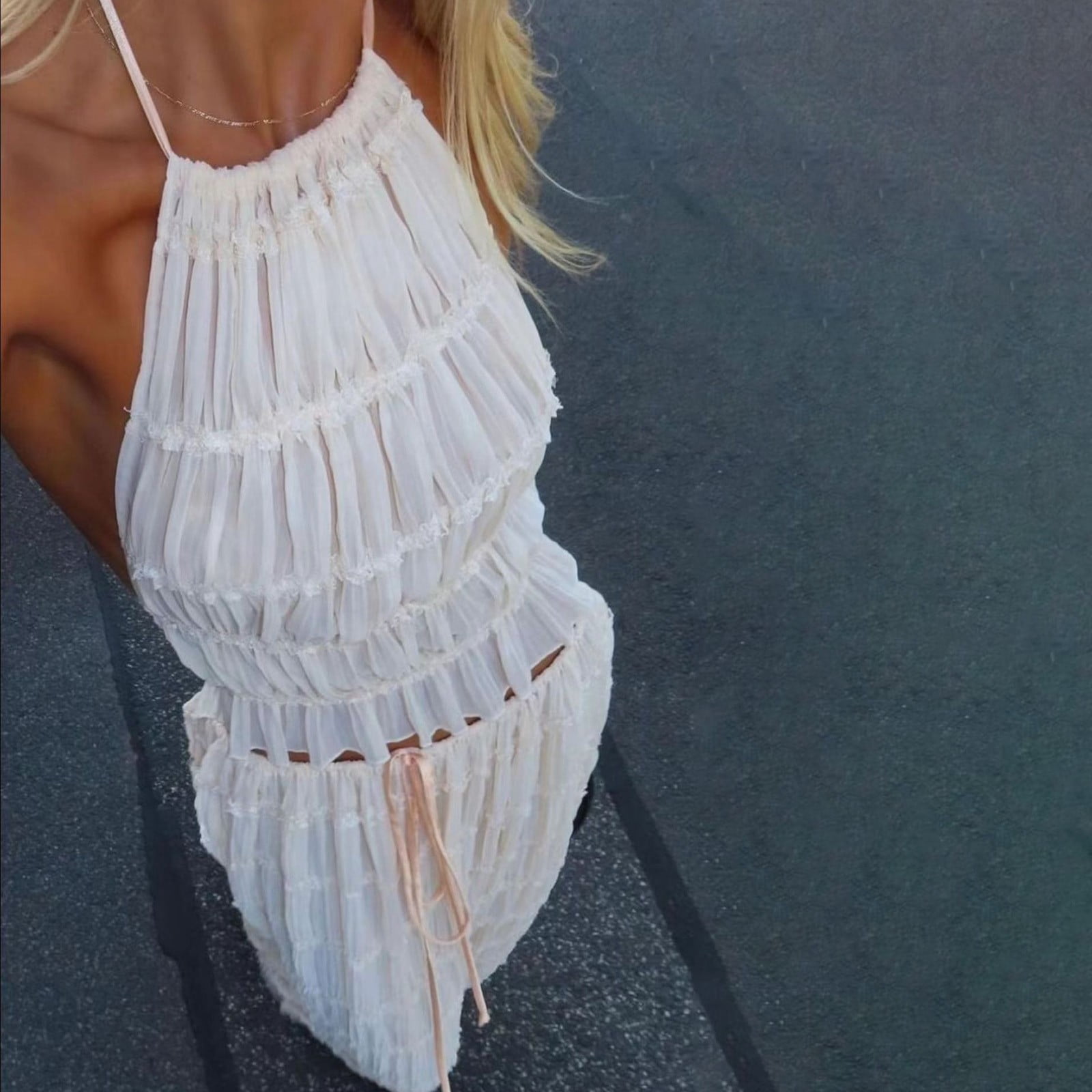 backless two piece dress Crochet Hollow Out Two Piece Dress Women Deep V-neck Sexy Beach Halter