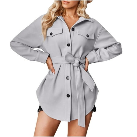 

Trench Coats for Women faux Leather Jacket Women Women Solid Color Casual Long Sleeve Loose Lapel Cardigan Jacket Coat with Belt Cardigan for Women New Arrival Womens Jacket Gray L