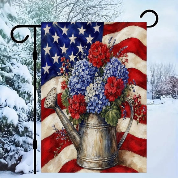RKSupls Patriotic Linen Double Sided Garden Flag, Independence Day Themed Yard Decor, Hydrangea Geranium Watering Can Flag Decor Outdoor Banner for Holiday Lawn