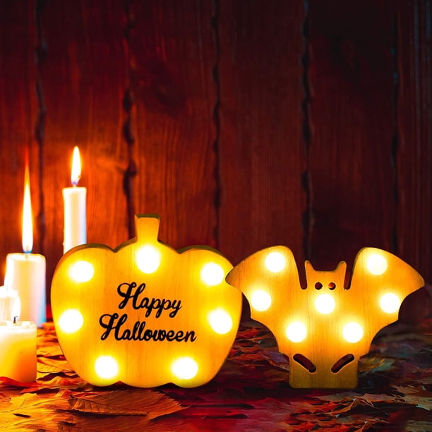 2 Pieces Halloween Decorative Lights Wooden Decorative Lamp Halloween