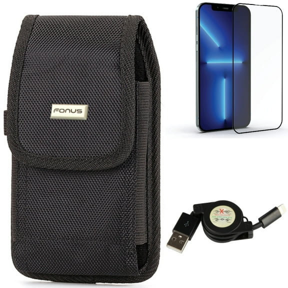 USB Cable & Screen Protector & Case Belt Clip for iPhone 13 Pro Max ONLY - Retractable Charger Power   Anti-Glare Tempered Glass Matte   Rugged Holster Canvas Combo