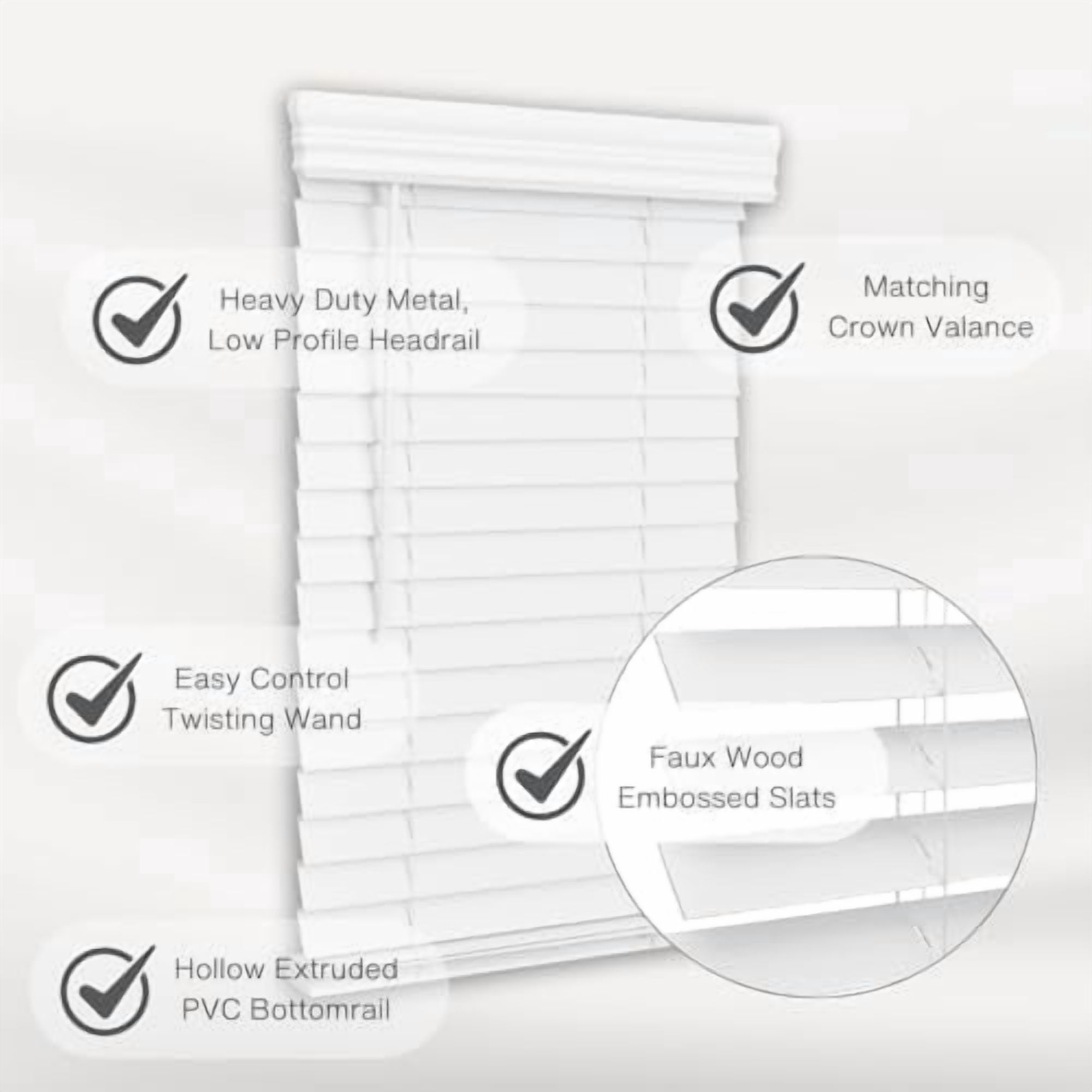Cordless, 2 Inch Faux Wood Blind, Window Blinds, Blinds & Shades, Blinds for Indoor Windows, Embossed, 40" x 72", Bright White