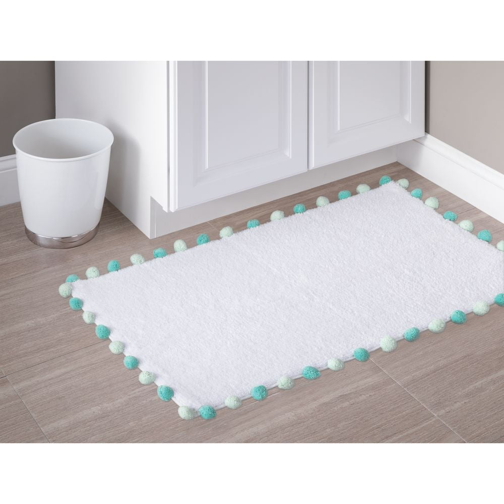 iDesign Pom Pom Cotton Bath Rug, White and Blue