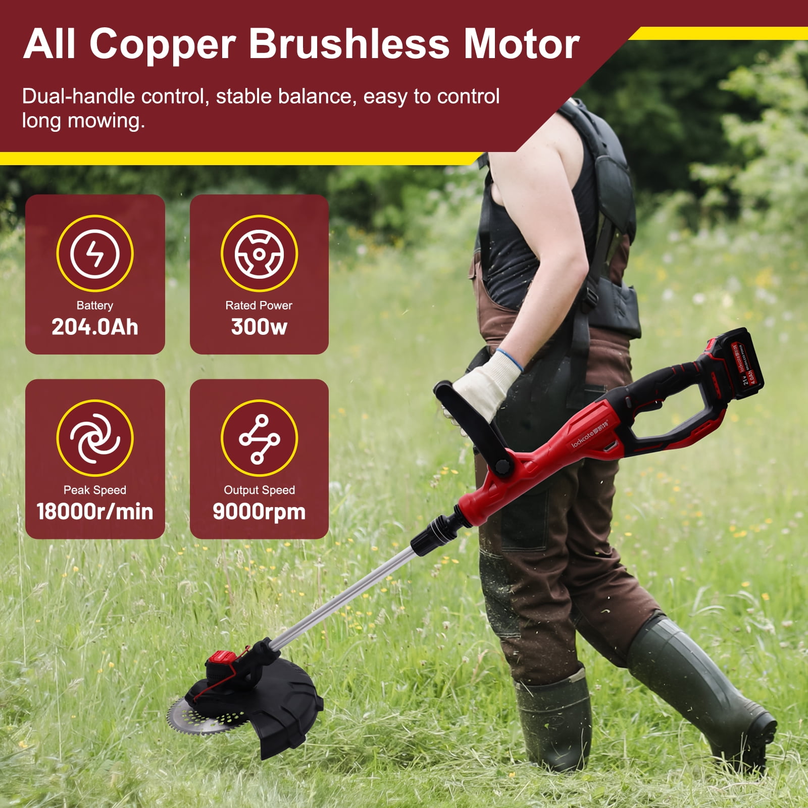 BAOKALER Cordless Brussless Weed Eaters with 4.0Ah 10C Battery, 18000RPM Grass String Trimmer for Wood Cutting Grass Cutting
