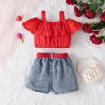 thumbnail image 3 of Hiijoy Toddler Girls Summer Outfits Off Shoulder T Shirt Strawberry Embroidery Denim Shorts, Sizes 2-3T, 3 of 6
