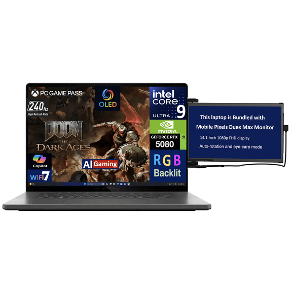 ASUS ROG Zephyrus AI Gaming Laptop 16.0in 240Hz OLED WQXGA Display (Intel Ultra 9-285H, NVIDIA GeForce RTX 5080 16GB, 32GB LPDDR5X, 2TB PCIe SSD, RGB KB, Win 11 Pro) w/Duex Max DS Monitor