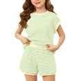 thumbnail image 2 of GiLiling Girls 2 Piece Lounge Set Striped Knit Short Sleeve T-Shirt and Elastic Waist Shorts Casual Summer (Light Green, 9-10 Years), 2 of 4