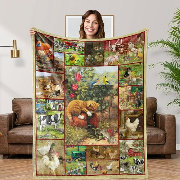 Couverture d'Animaux de Ferme Mignonne, Jeté en Flanelle Douce et Duveteuse avec Poules pour Canapé, Sofa, Lit, Couvertures Décoratives de Ferme, Cadeaux pour Adultes et Enfants, Couverture Toutes Saisons 60"x50 Pouces