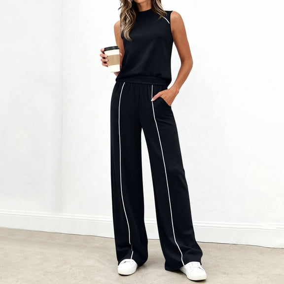 Women's Summer Matching Lounge Set Sleeveless High Neck Tank Top Flowy Wide Leg Pants for Daily Vacation Black 2XL