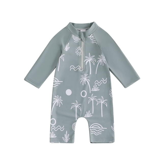 Argulvti Toddler Boy Girl Rash Guard Swimsuit Animal/Floral/Tree Print Long Sleeve Mock Neck Zip Bathing Suit