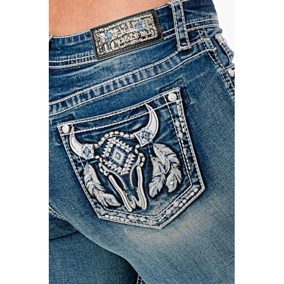 Grace in LA Women's Western Steer Head Feather Embellished Bootcut Stretch Jeans (25, Blue Stonewashed)