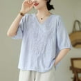 thumbnail image 6 of Wiyuqeen Cotton Linen Tops for Women Elegant Floral Embroidery Blouses Dressy Casual Half Sleeve Tunic Tops Loose V Neck Tee Shirts Basic Solid Tees, 6 of 6