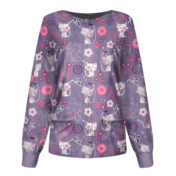 Blusa de uniforme de trabajo para mujer con estampado de cuello redondo y manga larga a la moda para mujer Fridja fksj2416