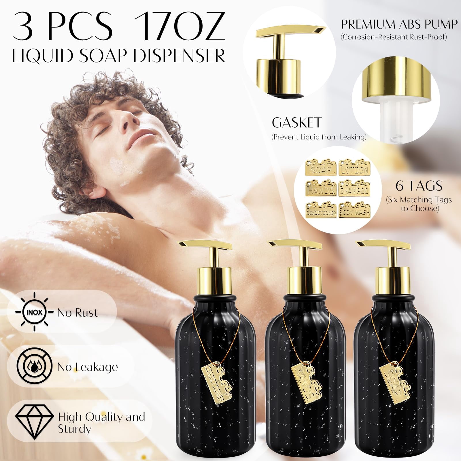 17PCS Bathroom Accessories Bathroom Set Black Bathroom Accessories,Toilet Brush, Trash Can, Qtip Holder Dispenser& 3PCS Soap Dispenser
