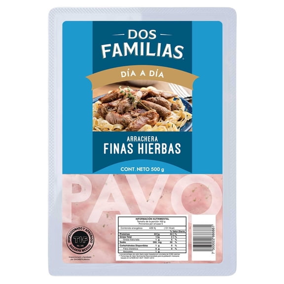 Arrachera de pavo Dos Familias congelada finas hierbas 500 g congelado