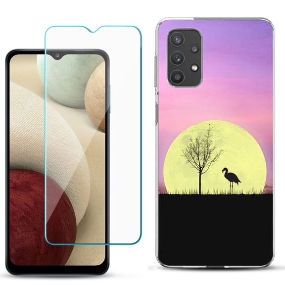 Slim-Fit TPU Phone Case compatible with Samsung Galaxy A32 5G, with Tempered Glass Screen Protector, by OneToughShield ® - Moonlight Flamingo