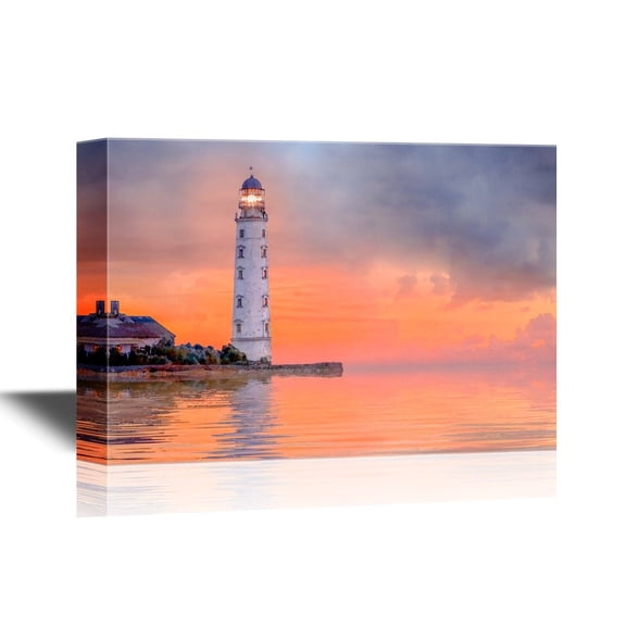 wall26 - Canvas Wall Art - Lighthouse with Orange Sky Background - Gallery Wrap Modern Home Art | Ready to Hang - 24x36 inches